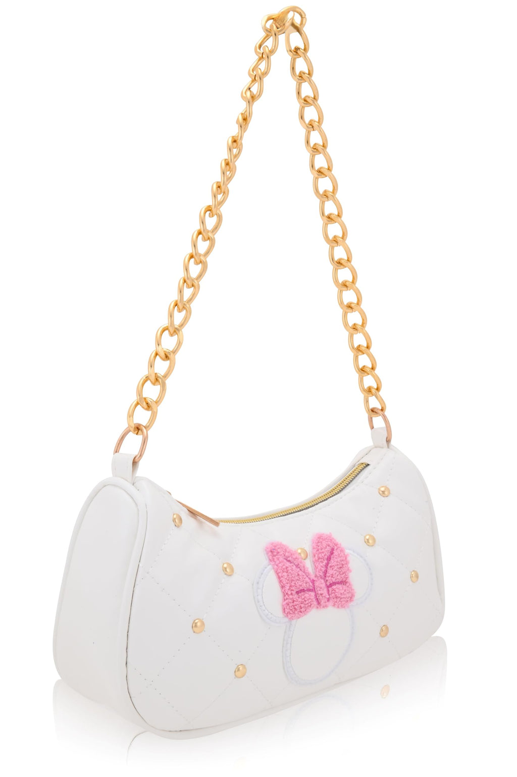 Disney Minnie Mouse Hobo Bag for Women & Girls | White Quilted Handbag with Gold Studs & Chain Strap | PU Leather Shoulder Bag, Fashion Tote, Everyday Purse