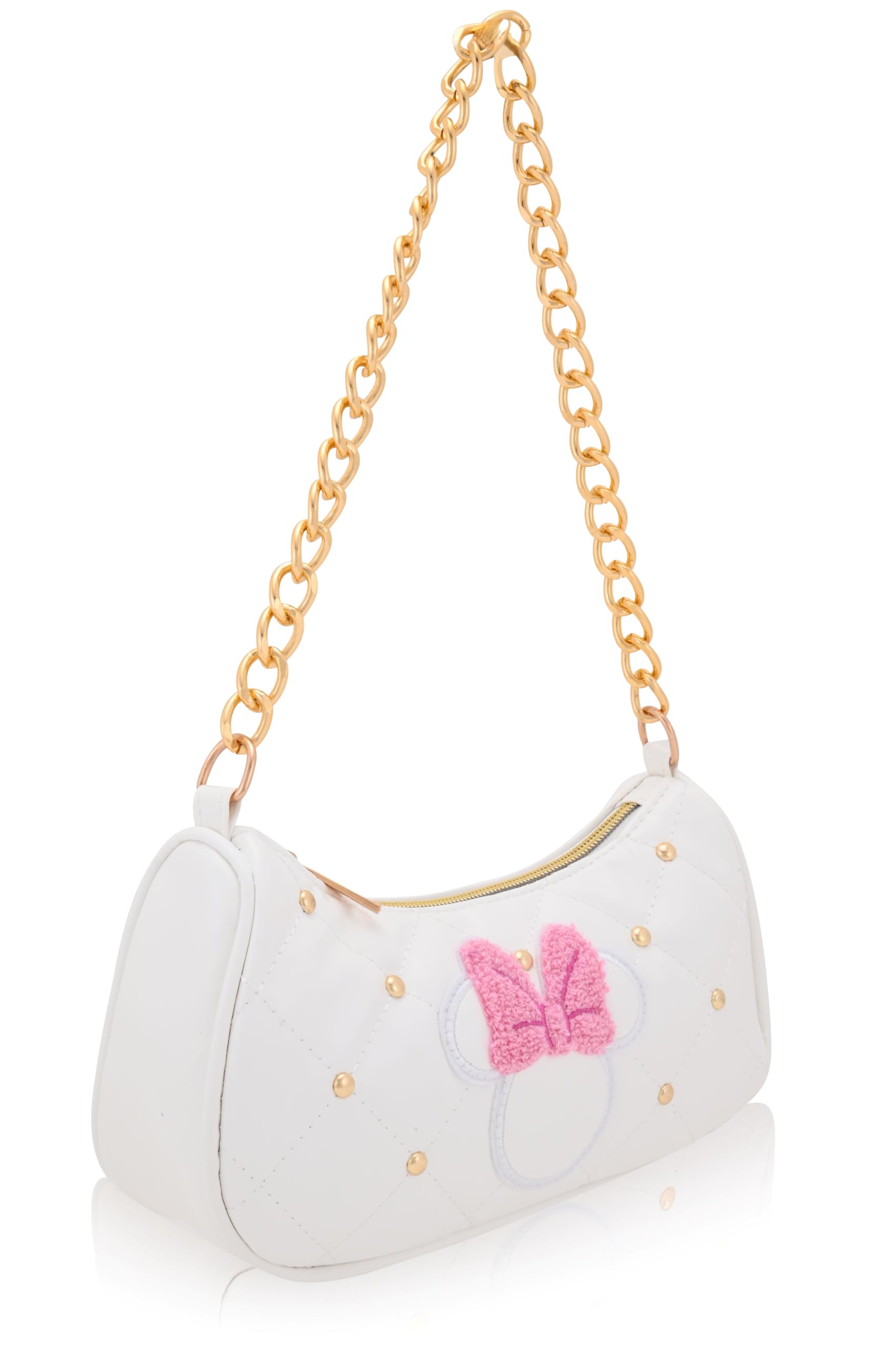 Disney Minnie Mouse Hobo Bag for Women & Girls | White Quilted Handbag with Gold Studs & Chain Strap | PU Leather Shoulder Bag, Fashion Tote, Everyday Purse