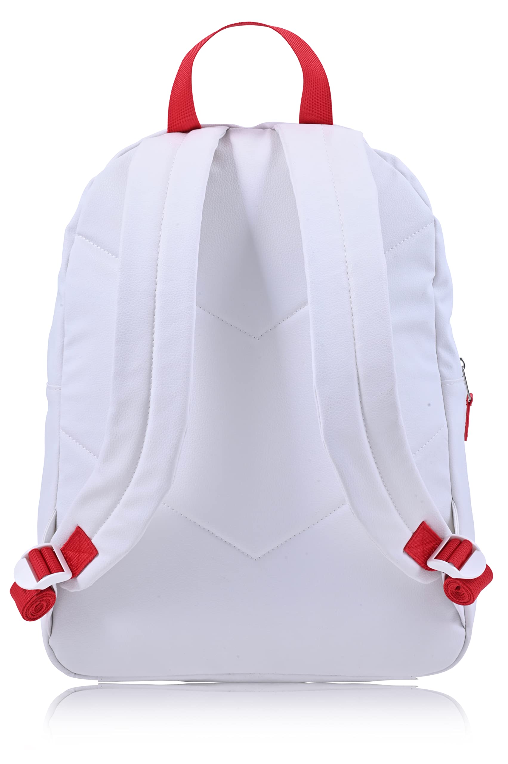 Fast Forward Sanrio Hello Kitty Backpack for Women, Large Faux Leather Bookbag Double Strap Shoulder Bag with 3D Design and Keychain (White-Red)