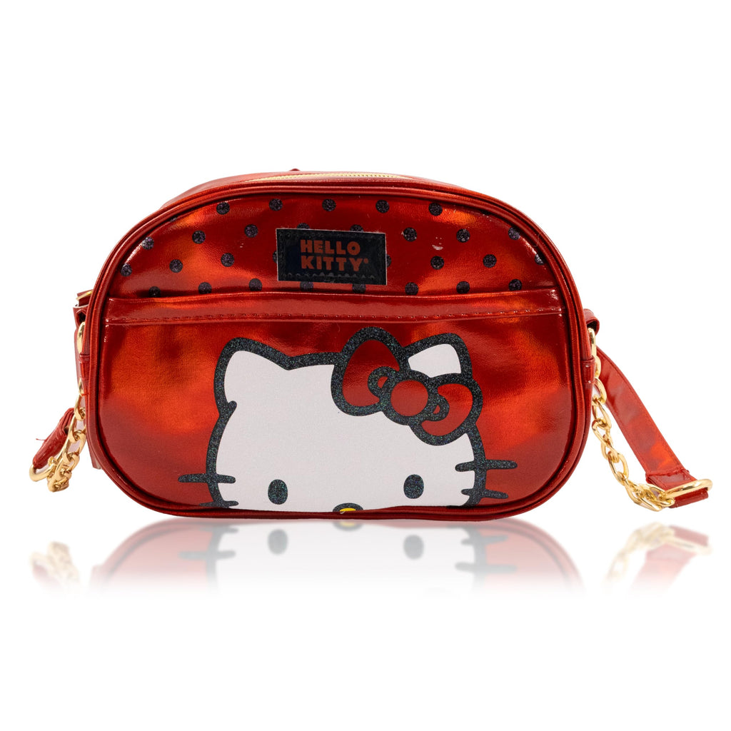Fast Forward Hello Kitty Women's Girls Small Crossbody Handbag - Hello Kitty Metallic Vinyl Shoulder Bag - Adjustable Strap - Zipper Closure - Cartoon Theme