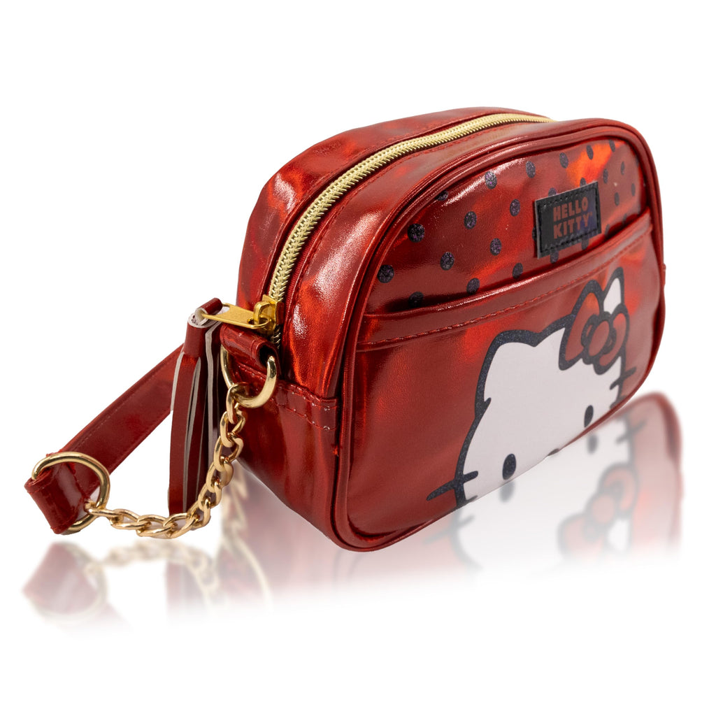 Fast Forward Hello Kitty Women's Girls Small Crossbody Handbag - Hello Kitty Metallic Vinyl Shoulder Bag - Adjustable Strap - Zipper Closure - Cartoon Theme