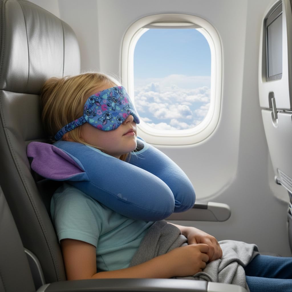 Fast Forward Disney Stitch Neck Pillow for Kids | Stitch Travel Pillow with Eye Mask Set | Toddler Travel Pillow, Airplane Pillow for Car and Plane | Soft Kids Travel Set