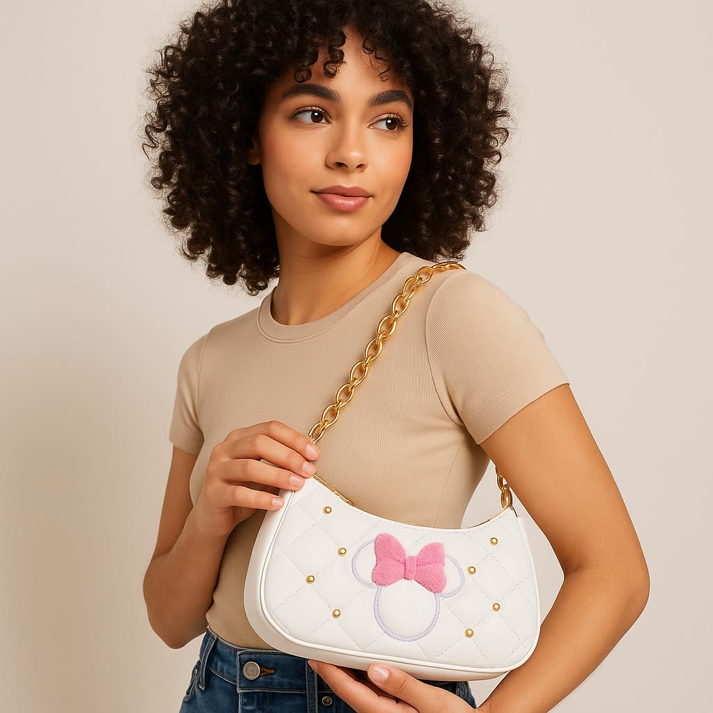 Disney Minnie Mouse Hobo Bag for Women & Girls | White Quilted Handbag with Gold Studs & Chain Strap | PU Leather Shoulder Bag, Fashion Tote, Everyday Purse