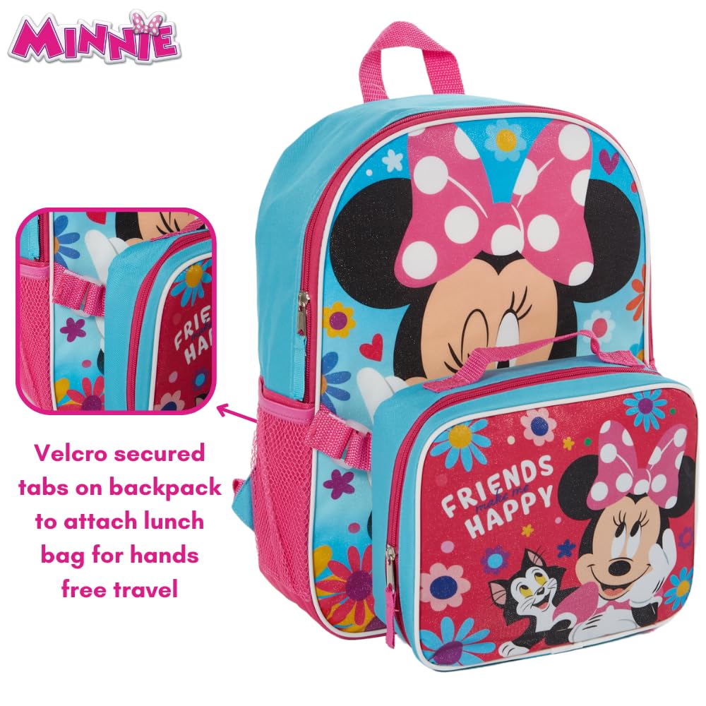Disney Minnie Backpack for Girls with Lunch Box | Minnie Blue Backpack for School and Reusable Lunch Bag