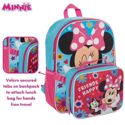 Disney Minnie Backpack for Girls with Lunch Box | Minnie Blue Backpack for School and Reusable Lunch Bag