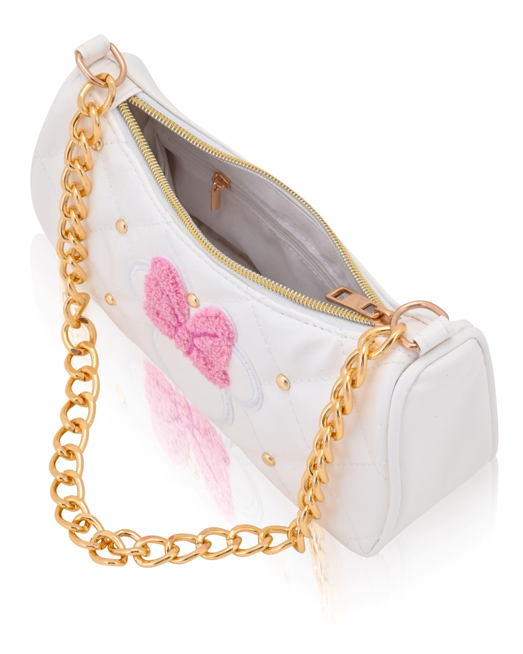 Disney Minnie Mouse Hobo Bag for Women & Girls | White Quilted Handbag with Gold Studs & Chain Strap | PU Leather Shoulder Bag, Fashion Tote, Everyday Purse