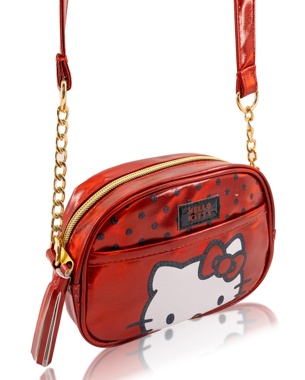 Fast Forward Hello Kitty Women's Girls Small Crossbody Handbag - Hello Kitty Metallic Vinyl Shoulder Bag - Adjustable Strap - Zipper Closure - Cartoon Theme