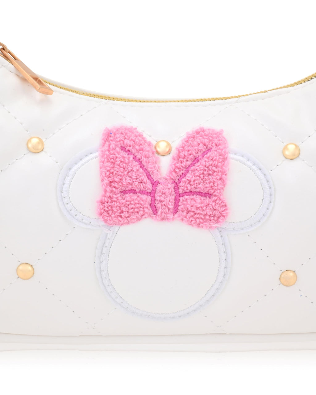 Disney Minnie Mouse Hobo Bag for Women & Girls | White Quilted Handbag with Gold Studs & Chain Strap | PU Leather Shoulder Bag, Fashion Tote, Everyday Purse