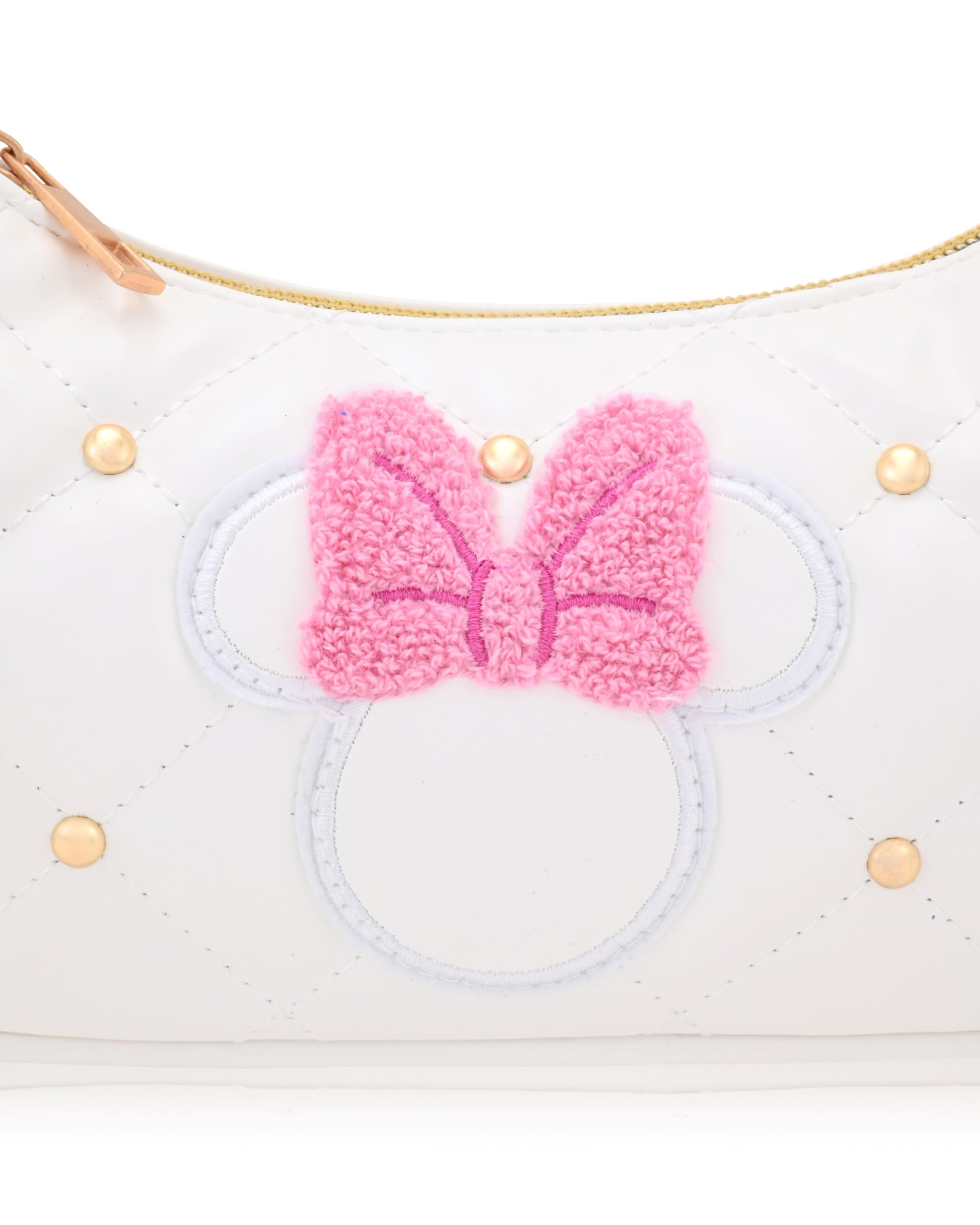 Disney Minnie Mouse Hobo Bag for Women & Girls | White Quilted Handbag with Gold Studs & Chain Strap | PU Leather Shoulder Bag, Fashion Tote, Everyday Purse