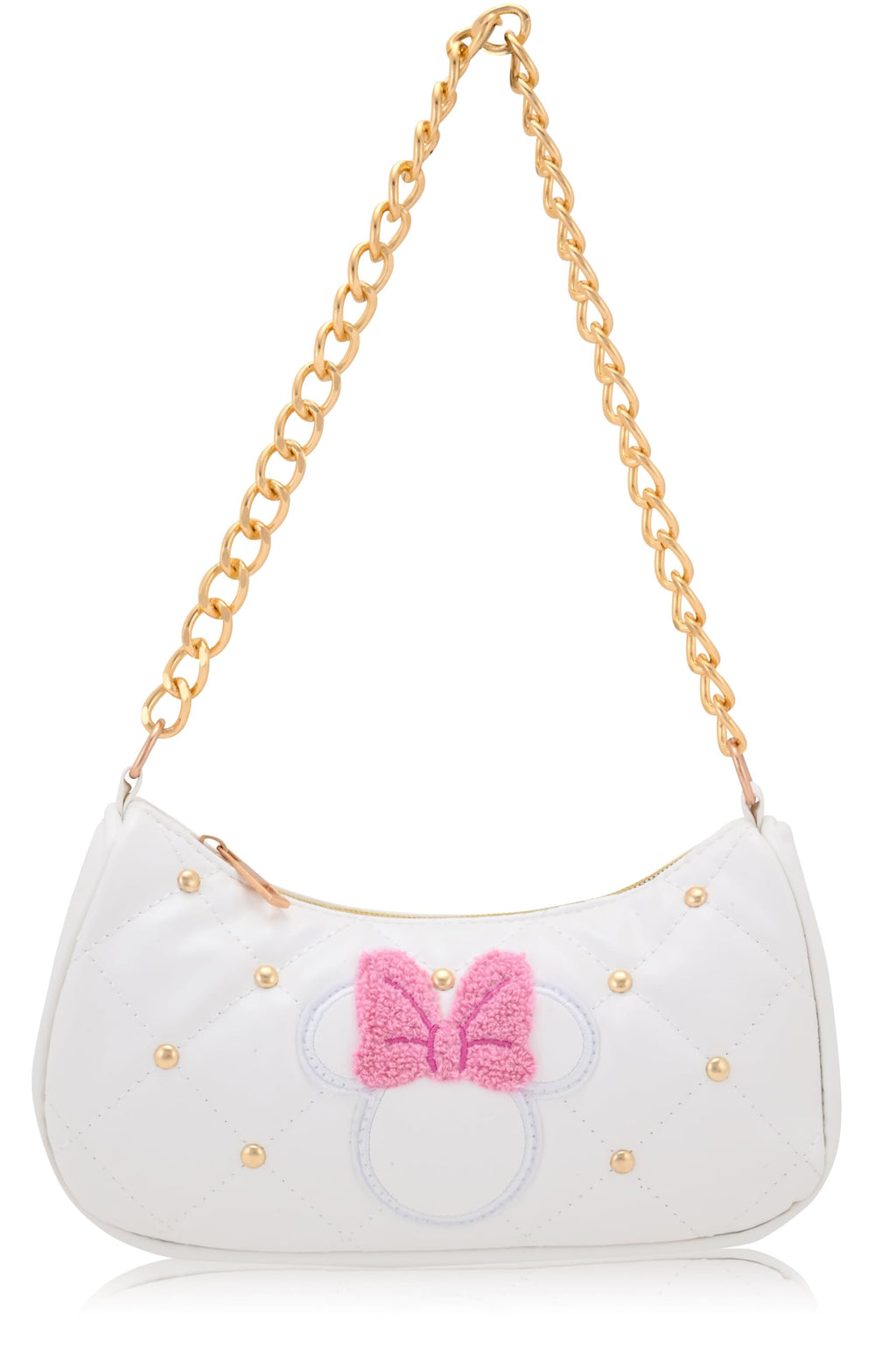 Disney Minnie Mouse Hobo Bag for Women & Girls | White Quilted Handbag with Gold Studs & Chain Strap | PU Leather Shoulder Bag, Fashion Tote, Everyday Purse