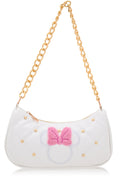 Disney Minnie Mouse Hobo Bag for Women & Girls | White Quilted Handbag with Gold Studs & Chain Strap | PU Leather Shoulder Bag, Fashion Tote, Everyday Purse