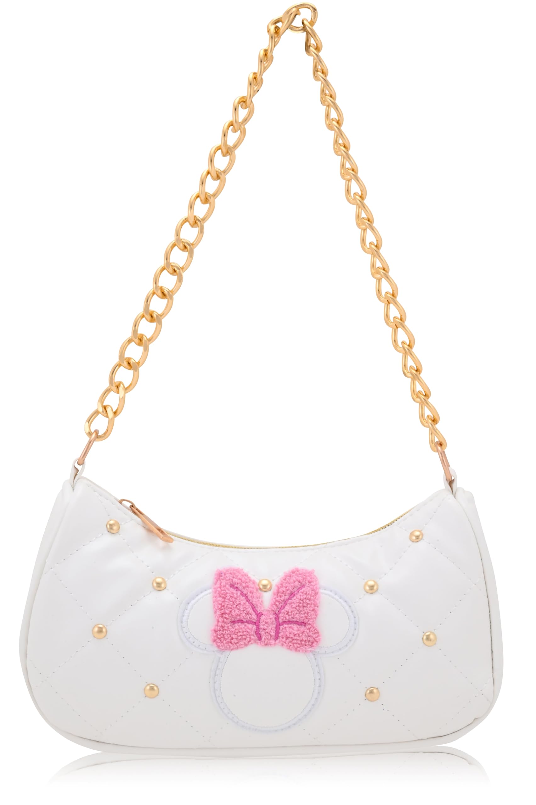 Disney Minnie Mouse Hobo Bag for Women & Girls | White Quilted Handbag with Gold Studs & Chain Strap | PU Leather Shoulder Bag, Fashion Tote, Everyday Purse
