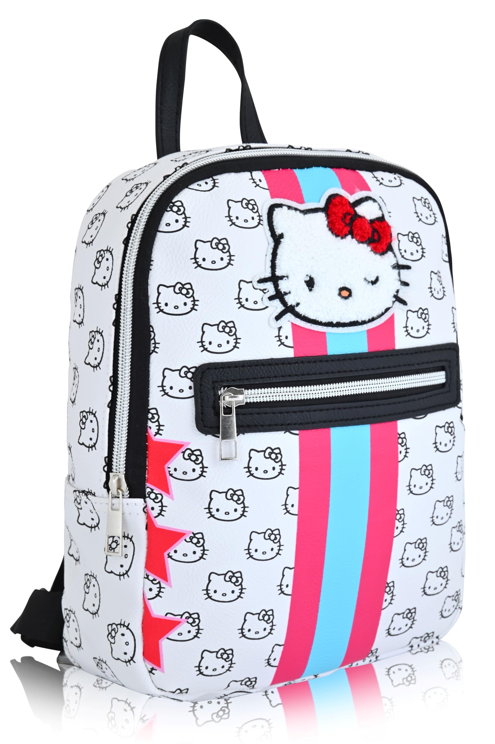 Fast Forward Sanrio Hello Kitty Backpack, Unisex 10" Daypack, HK Pattern, PU Leather, 3 Compartments, Adjustable Padded Straps, 20 Cubic Inches, One Size Fits All