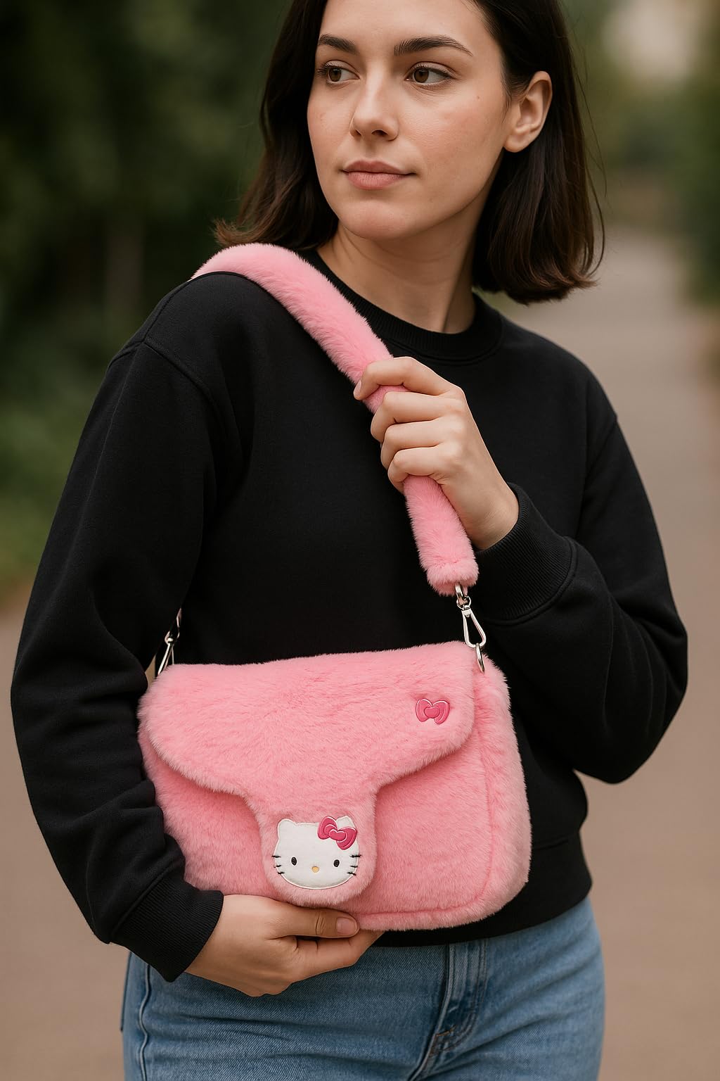 Sanrio Hello Kitty Handbag for Women | Faux Fur Purse with Saffiano Trim | Cute Hello Kitty Shoulder Bag, Crossbody Tote Bag, or Small Travel Purse | Ages 3+